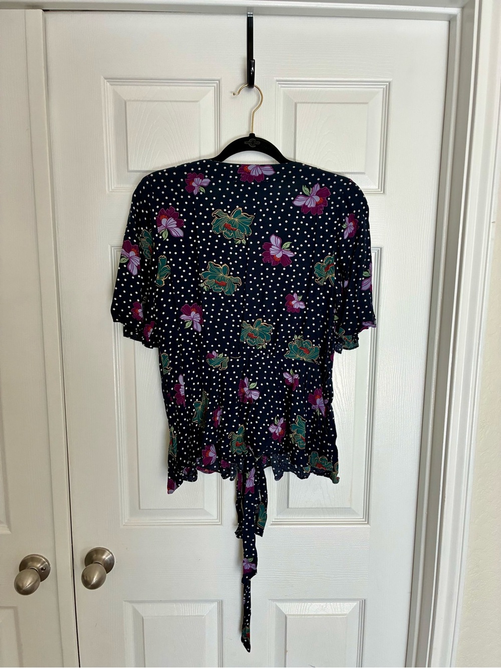 LOFT Navy Floral Polka Dot Tie-Front Blouse